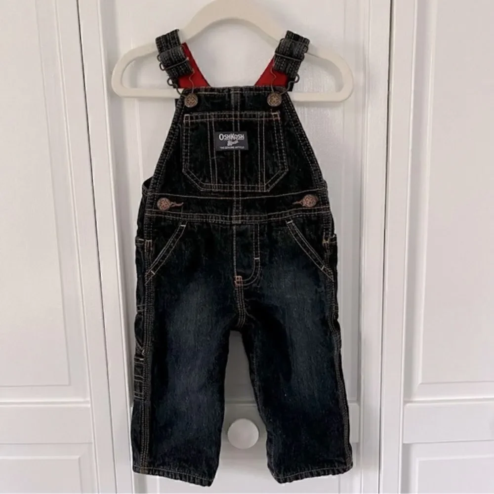 OshKosh B’Gosh Baby Favorite Dark Denim Red Fleece Lined Overalls Size 9 Months